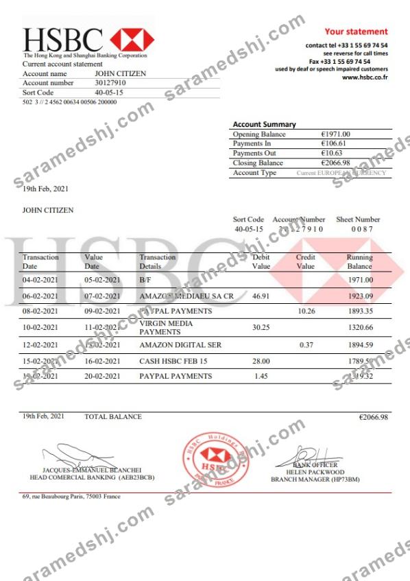 France HSBC bank statement template in .doc and .pdf format